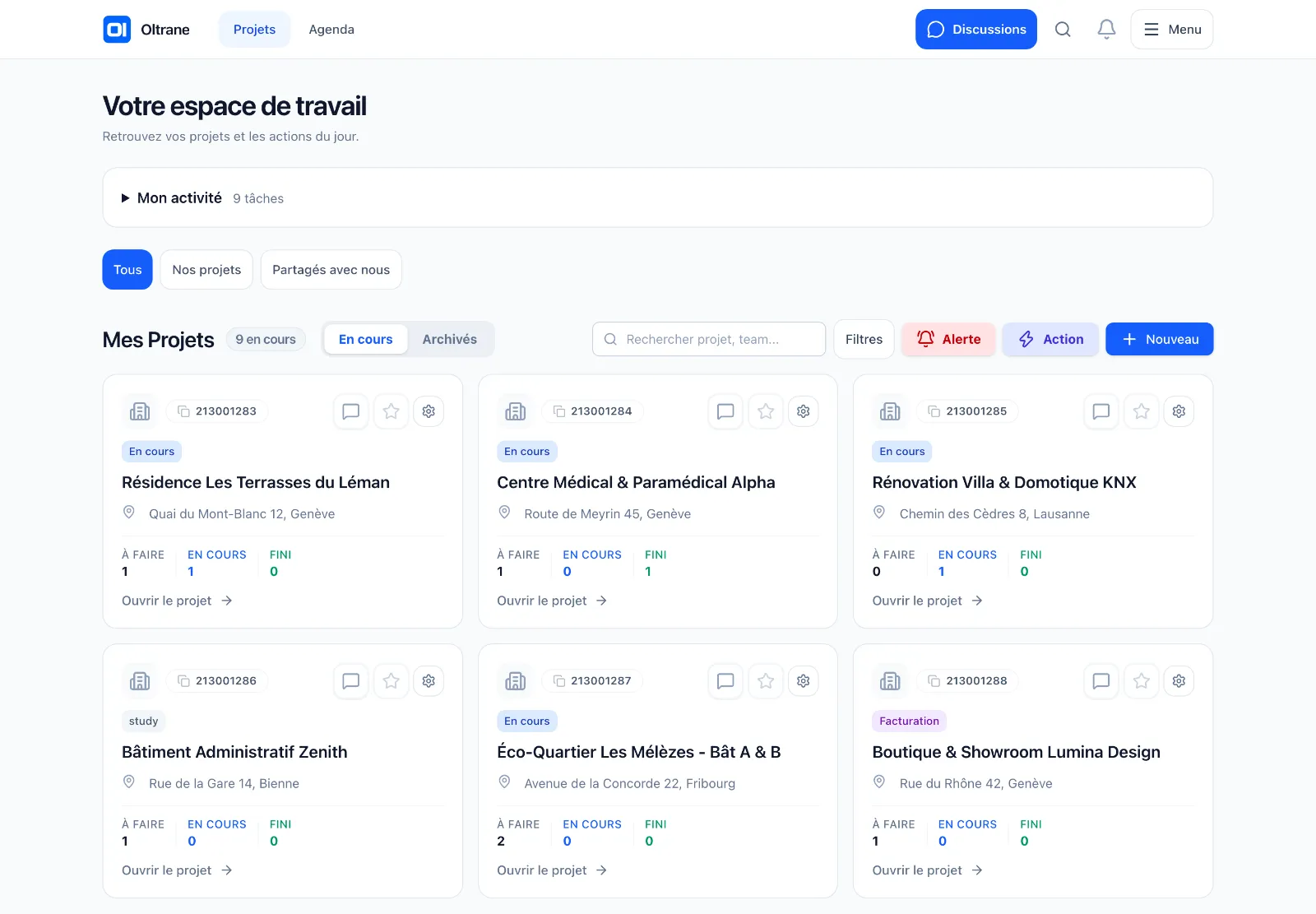 Les projets : capture de l’application Oltrane avec données fictives.